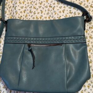 Teal Vegan Leather Shoulder Bag with Animal Print Lining